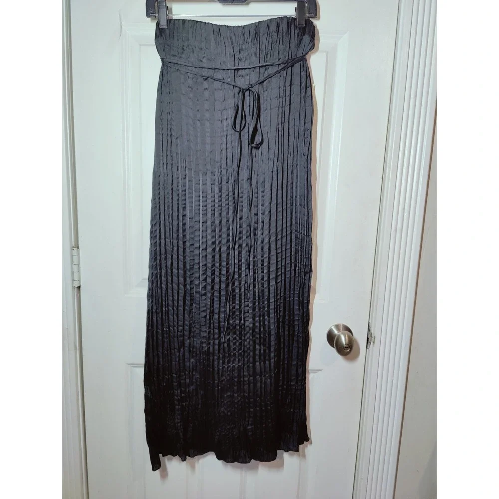 A New‎ Day Black Crinkled Textured Satin Pull-On Maxi Skirt With Waist Tie L NWT
